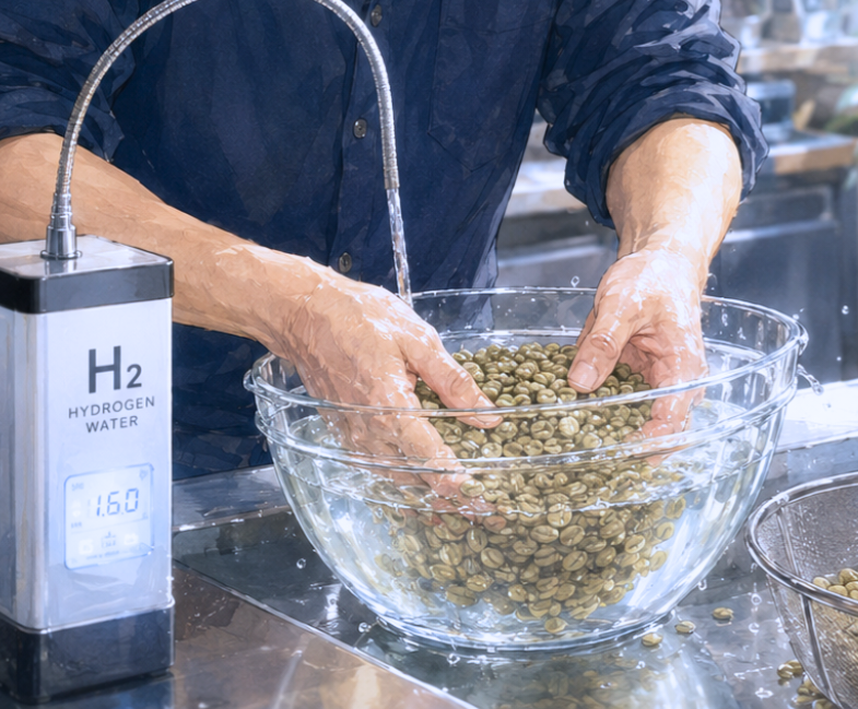 生豆を水素水で洗う 焙煎前の工程